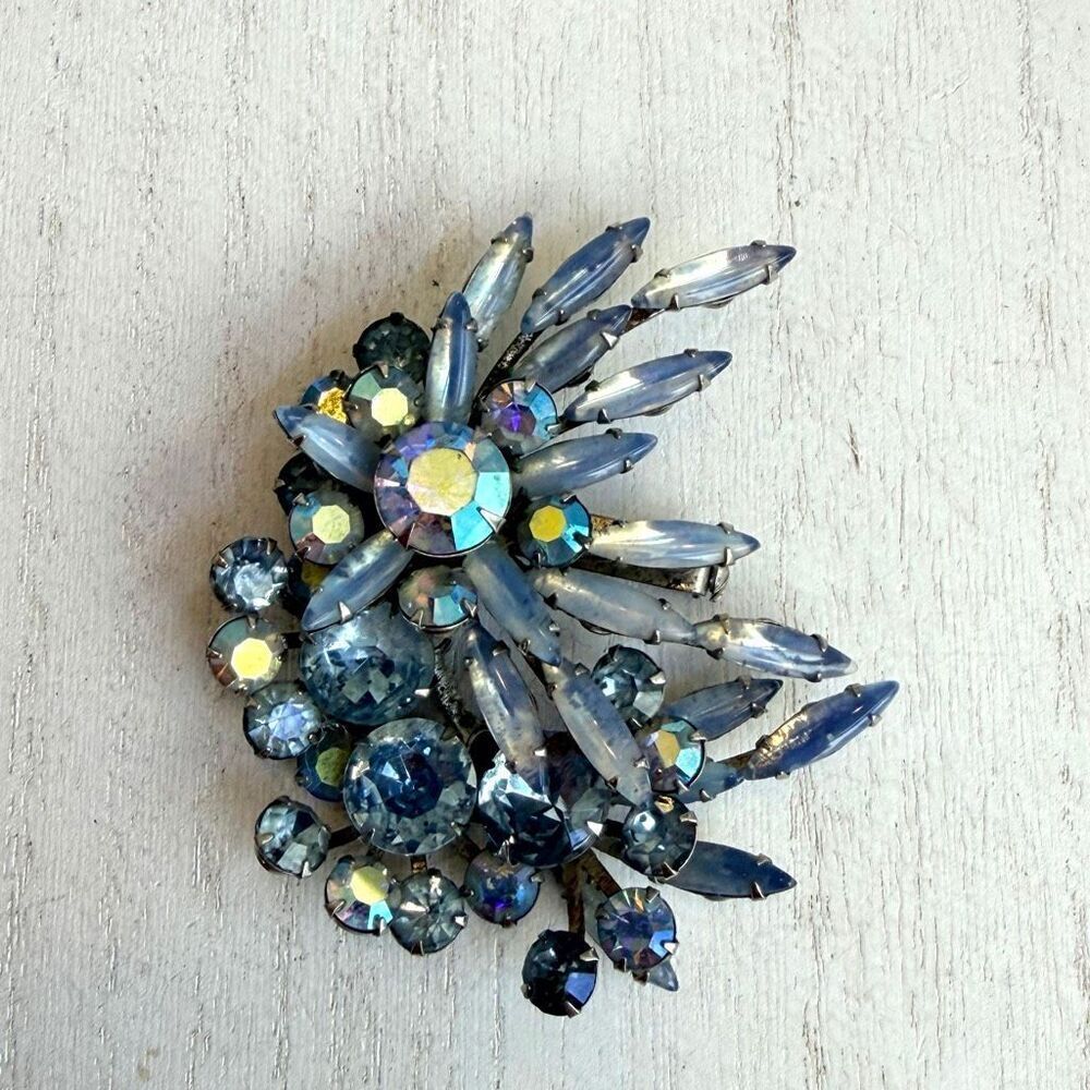 Vintage Blue Aurora Borealis Rhinestone Spray Brooch 1960s Statement Pin